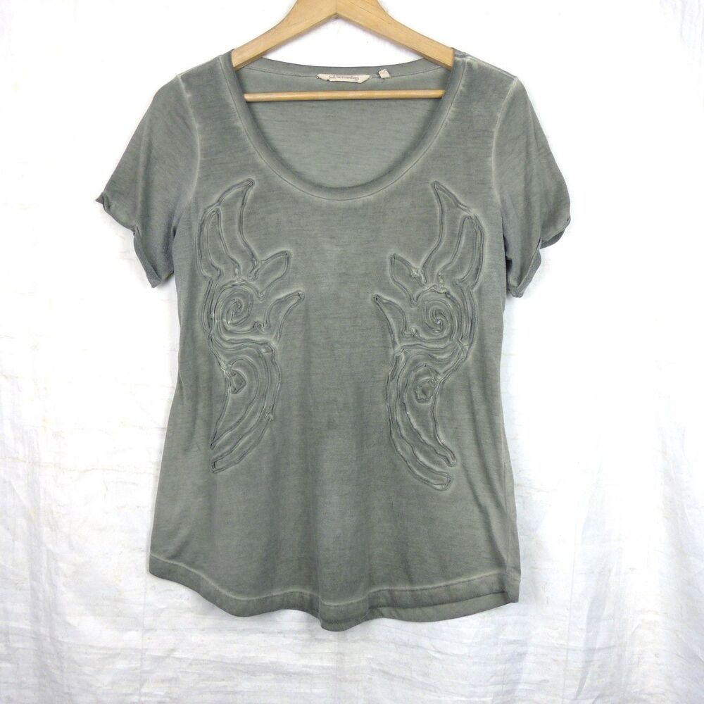 Soft Surroundings Tribal Applique Tee Womens M Gray Scoop Neck Boho Top Boho